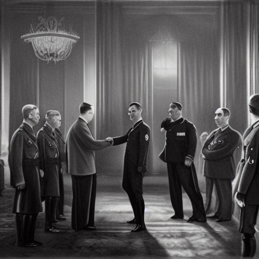 Chamberlain and Daladier, standing in front of a crowd of reporters, shake hands with Hitler in a grand hall filled with Nazi flags. The three men smile as if they have come to an amicable resolution, but dark shadows loom behind them.